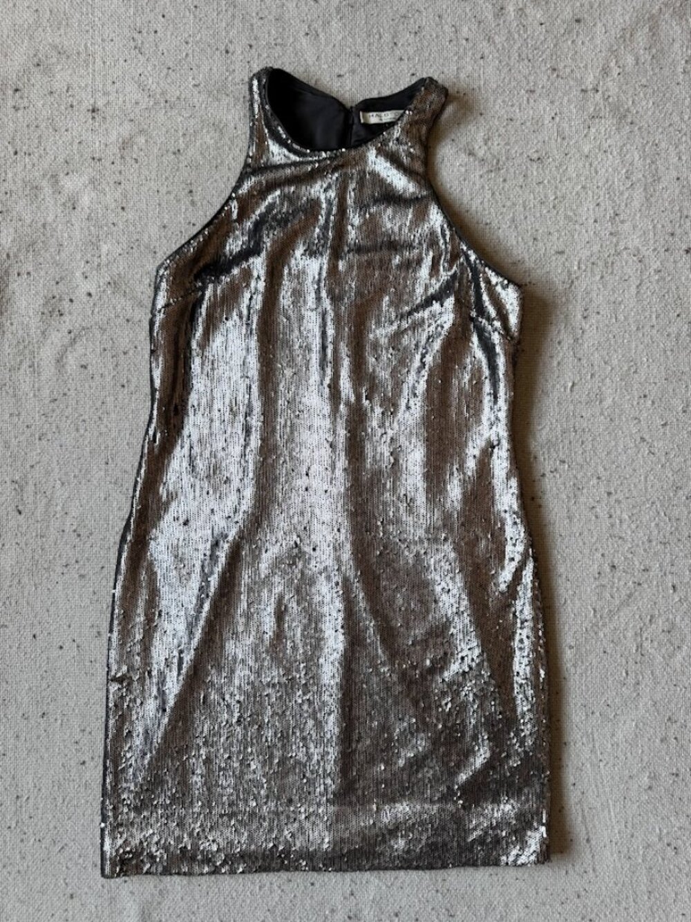 Halston Heritage Silver Sequin Mini Dress Size L Racerback Cocktail Party
